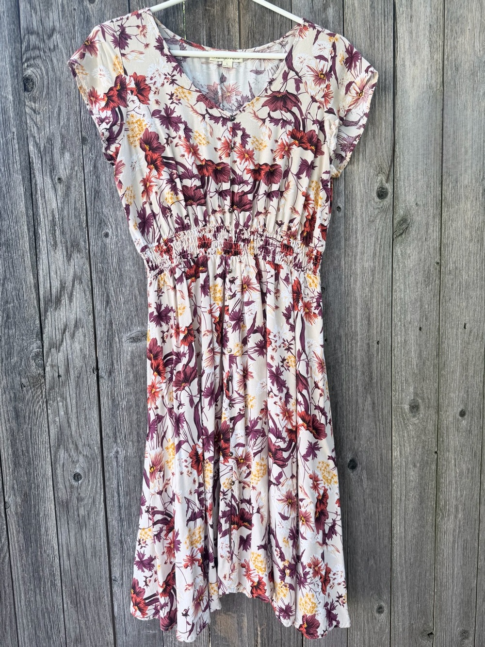 Indigo Rose Dress Size L Floral Smocked Waist V-Neck front button detail Slit